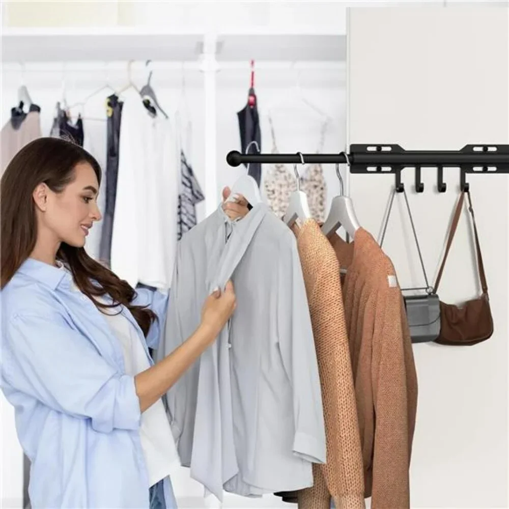 Pull Out Closet Valet Rod 12 Inch Retractable Clothes Hanger with 4 Hooks Silver